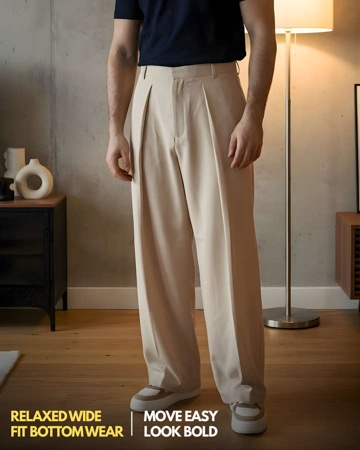 Korean-Style Loose Fit Pleated Beige Colour Pant for Men