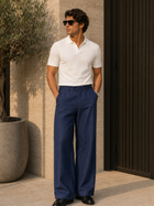 Men’s Navy Blue Linen Blend Wide-Leg Trousers