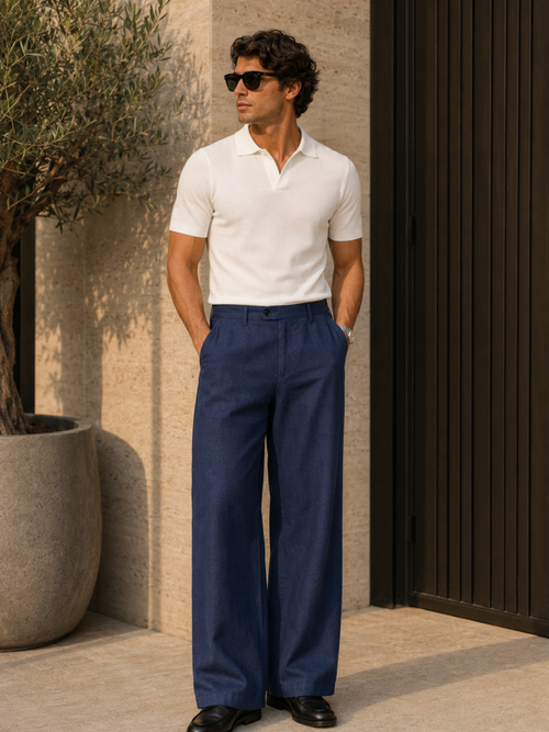 Men’s Navy Blue Linen Blend Wide-Leg Trousers