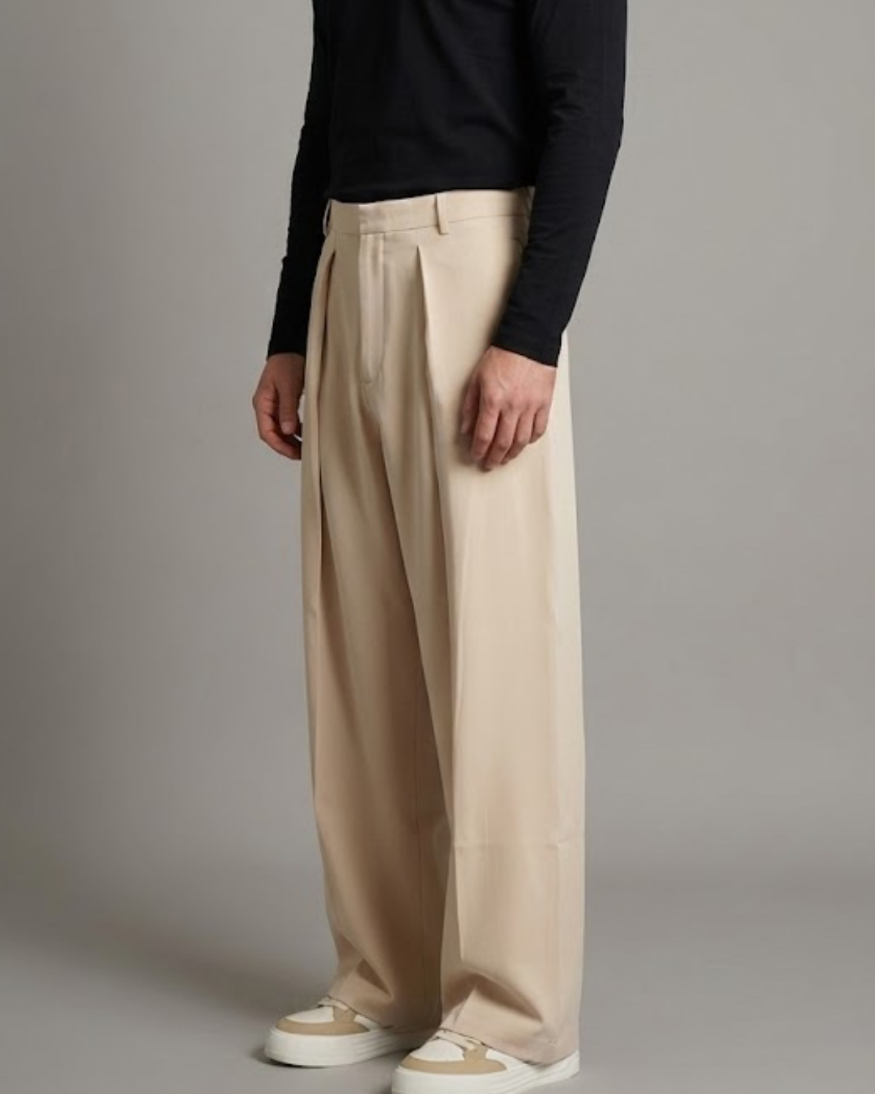 Korean-Style Loose Fit Pleated Beige Colour Pant
