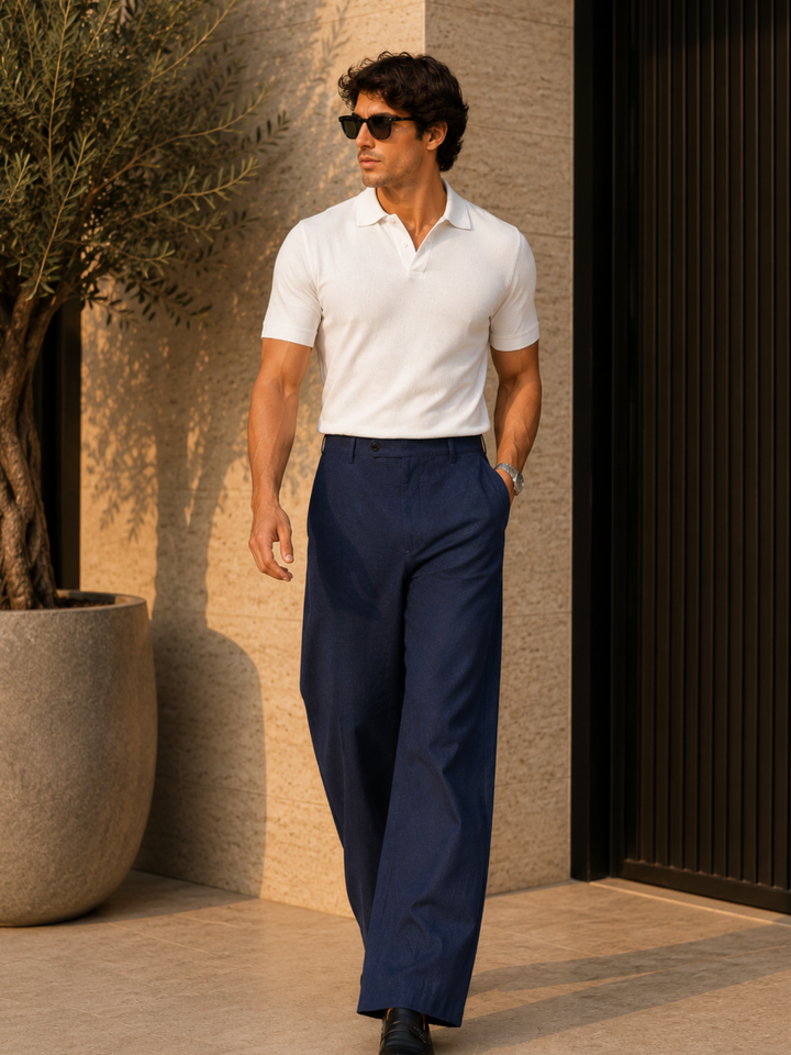 Men’s Navy Blue Linen Blend Wide-Leg Trousers