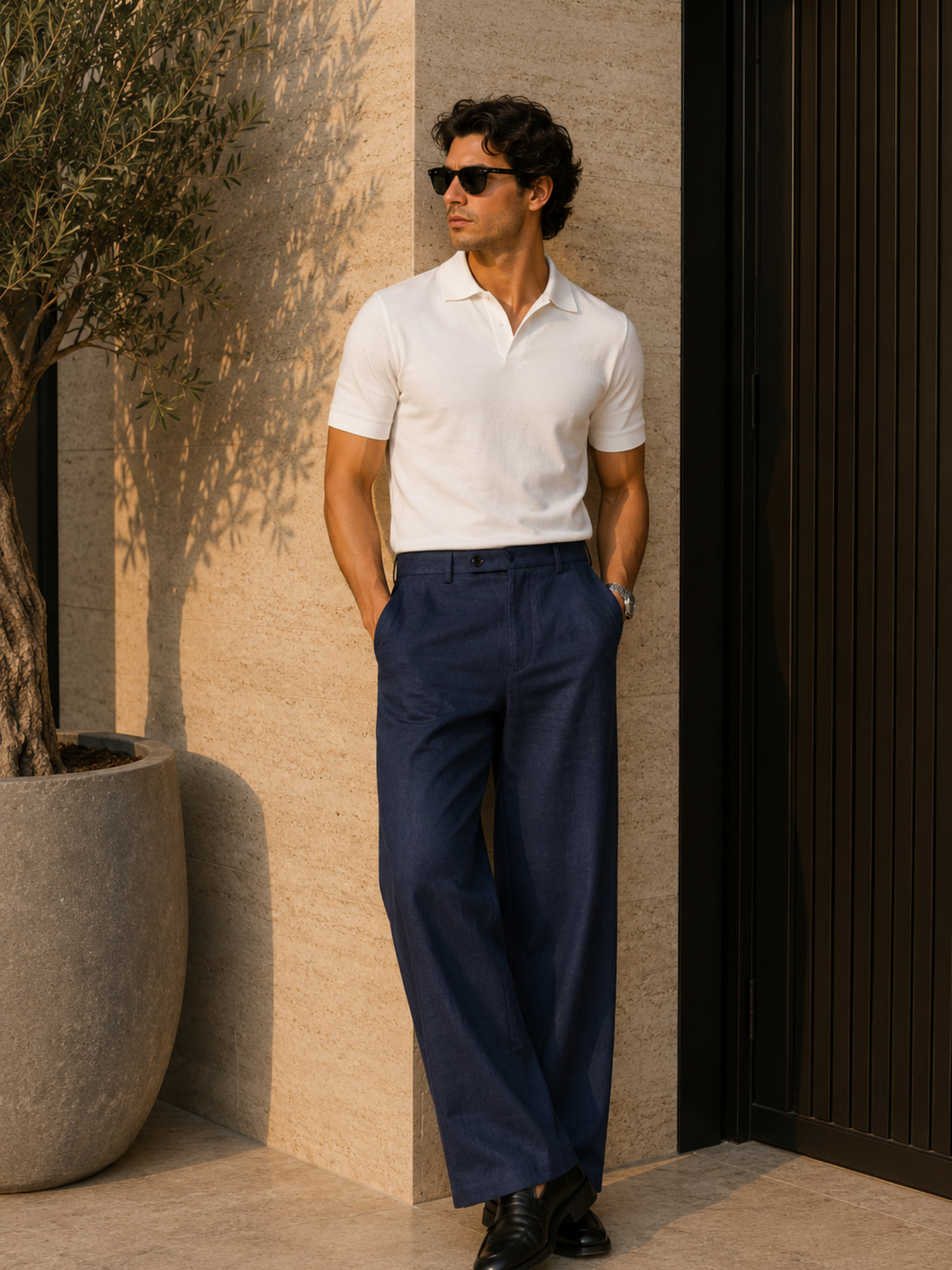 Men’s Navy Blue Linen Blend Wide-Leg Trousers
