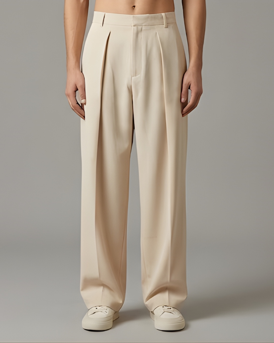 Korean-Style Loose Fit Pleated Beige Colour Pant