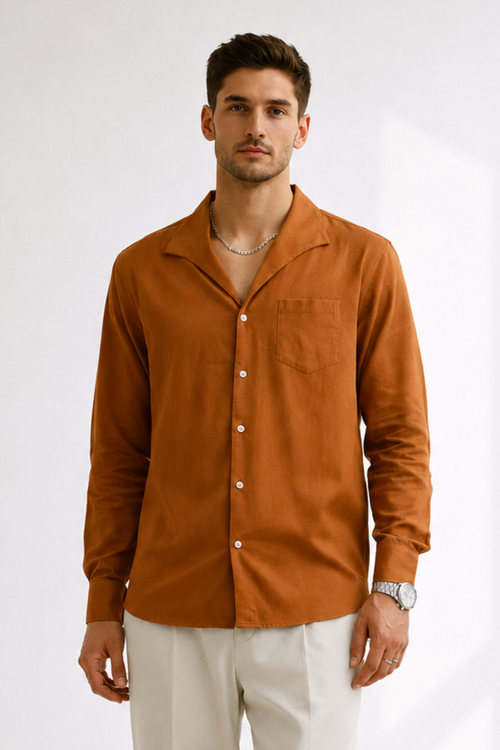 Men’s Sunset Rust Linen Designer Shirt – Premium Summer Essential
