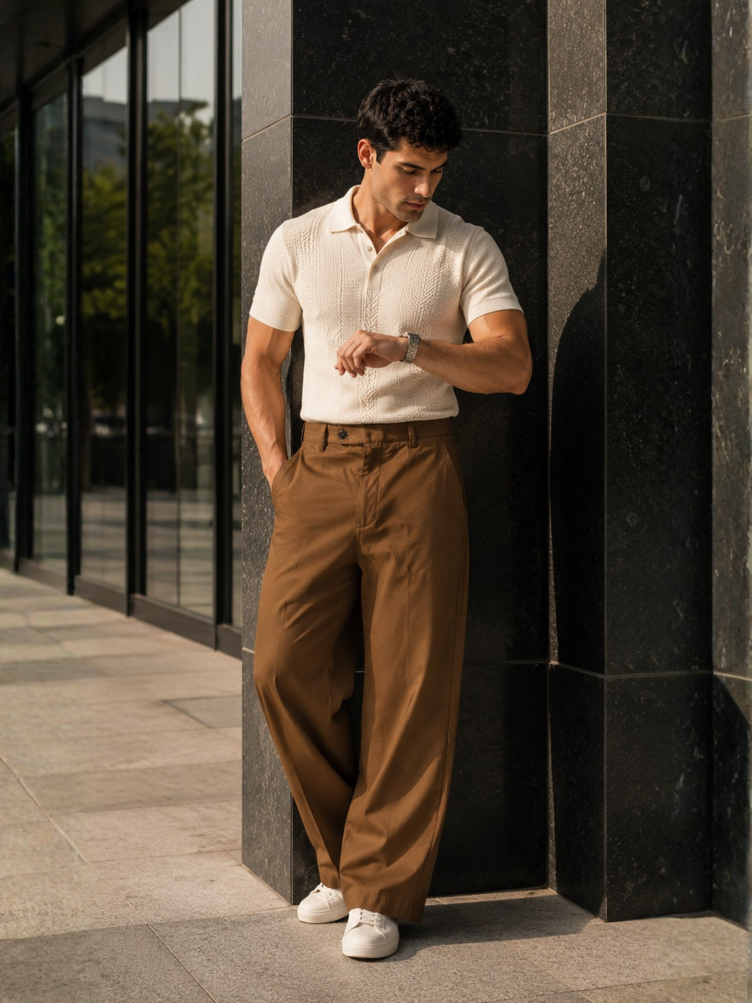 Men’s Brown Poplin Cotton Wide-Leg Trousers