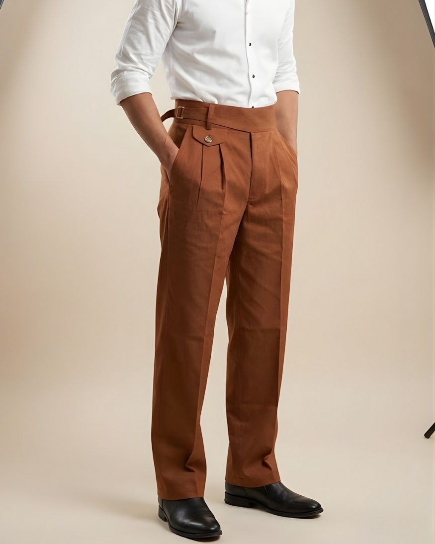 Men’s Brown Gorkha Pants – 100% Cotton Straight Fit with Adjustable Side Buckle