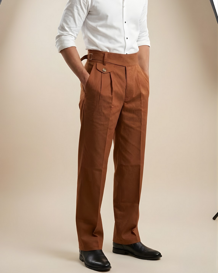 Men’s Brown Gorkha Pants – 100% Cotton Straight Fit with Adjustable Side Buckle