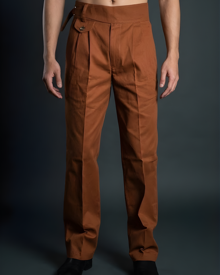 Men’s Brown Gorkha Pants – 100% Cotton Straight Fit with Adjustable Side Buckle