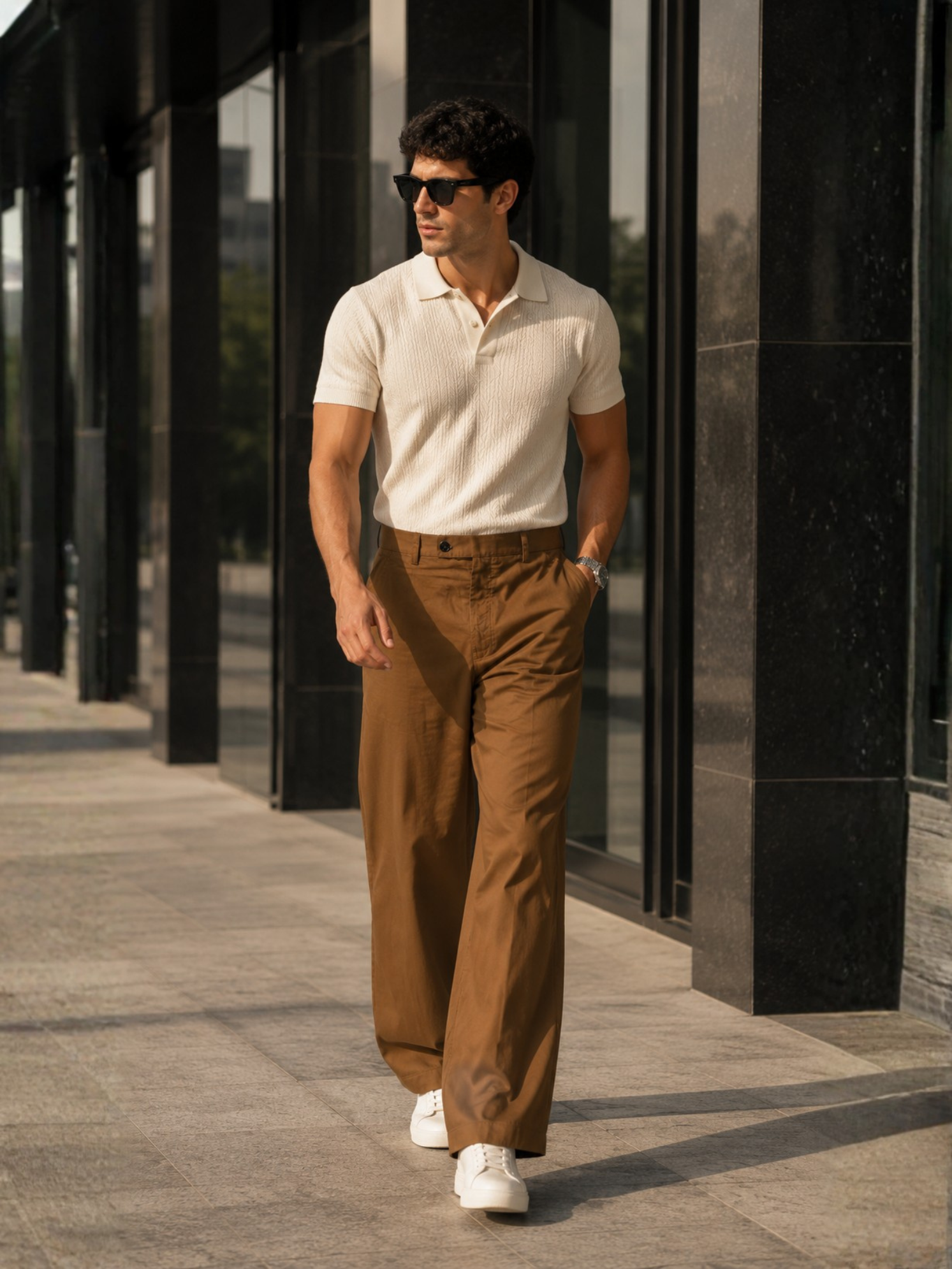 Men’s Brown Poplin Cotton Wide-Leg Trousers