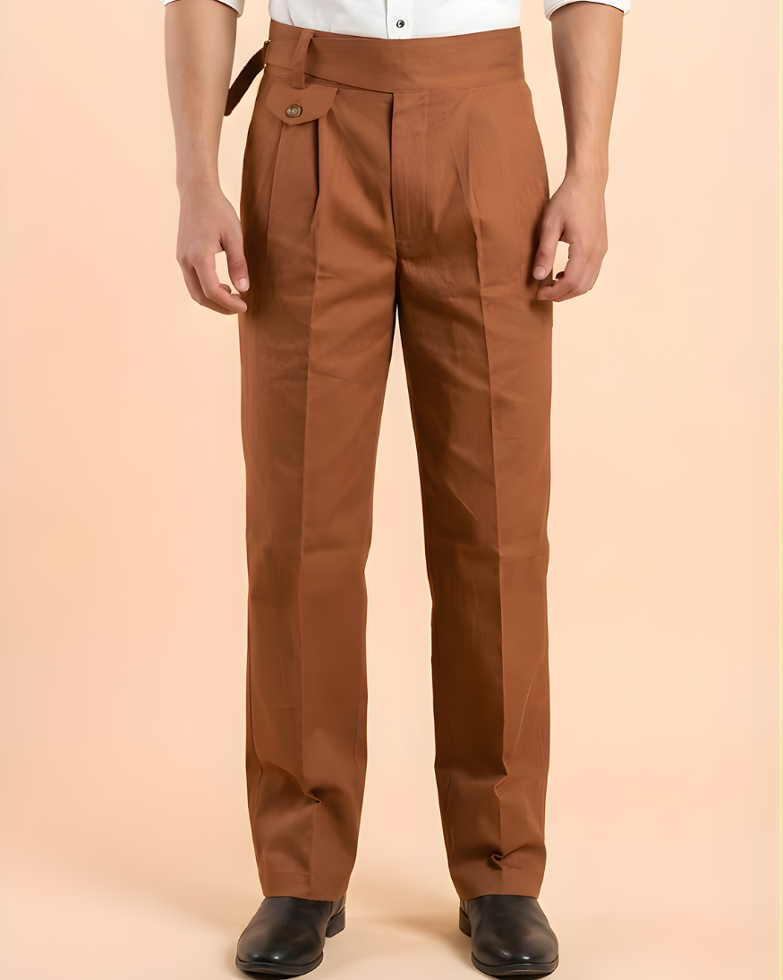 Brown Gorkha Pants – 100% Cotton Straight Fit with Adjustable Side Buckle