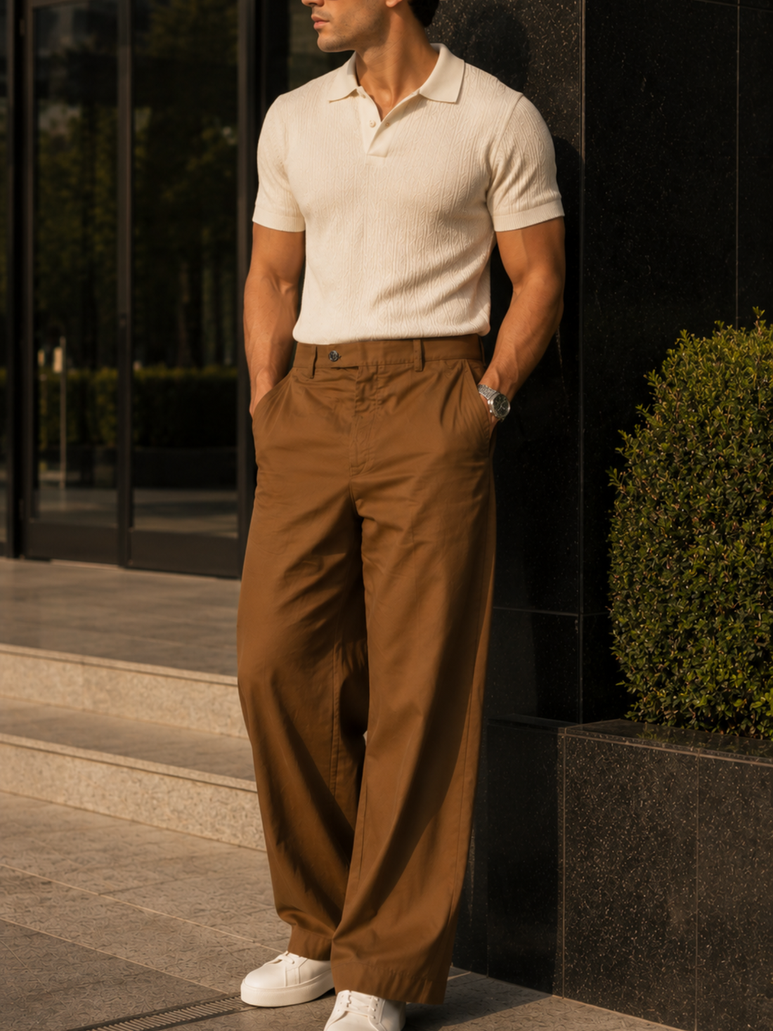 Men’s Brown Poplin Cotton Wide-Leg Trousers