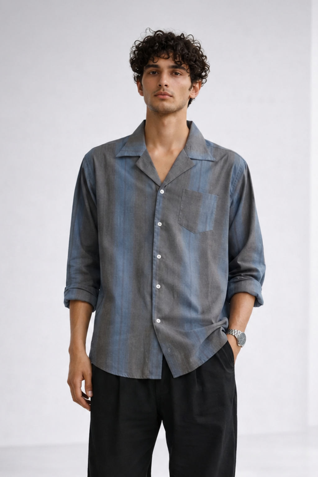 Grey Cotton Rayon Cuban Collar Shirt – Minimal Premium Essential