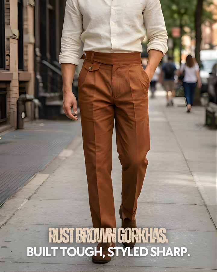 Men’s Rust Brown Classic Gorkha Trousers – Adjustable Waist, Straight Comfort