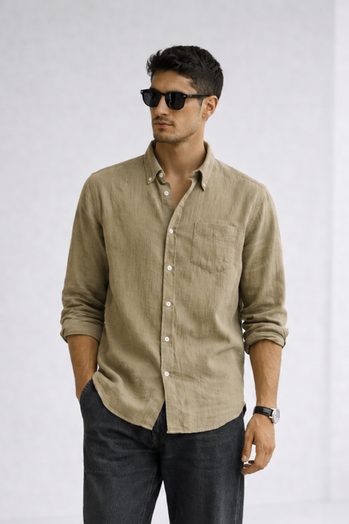Khaki Double Gauze Cotton Shirt – Lightweight Relaxed Fit Essential