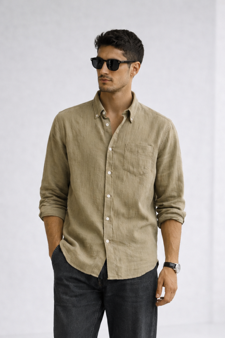 Khaki Double Gauze Cotton Shirt – Lightweight Relaxed Fit Essential