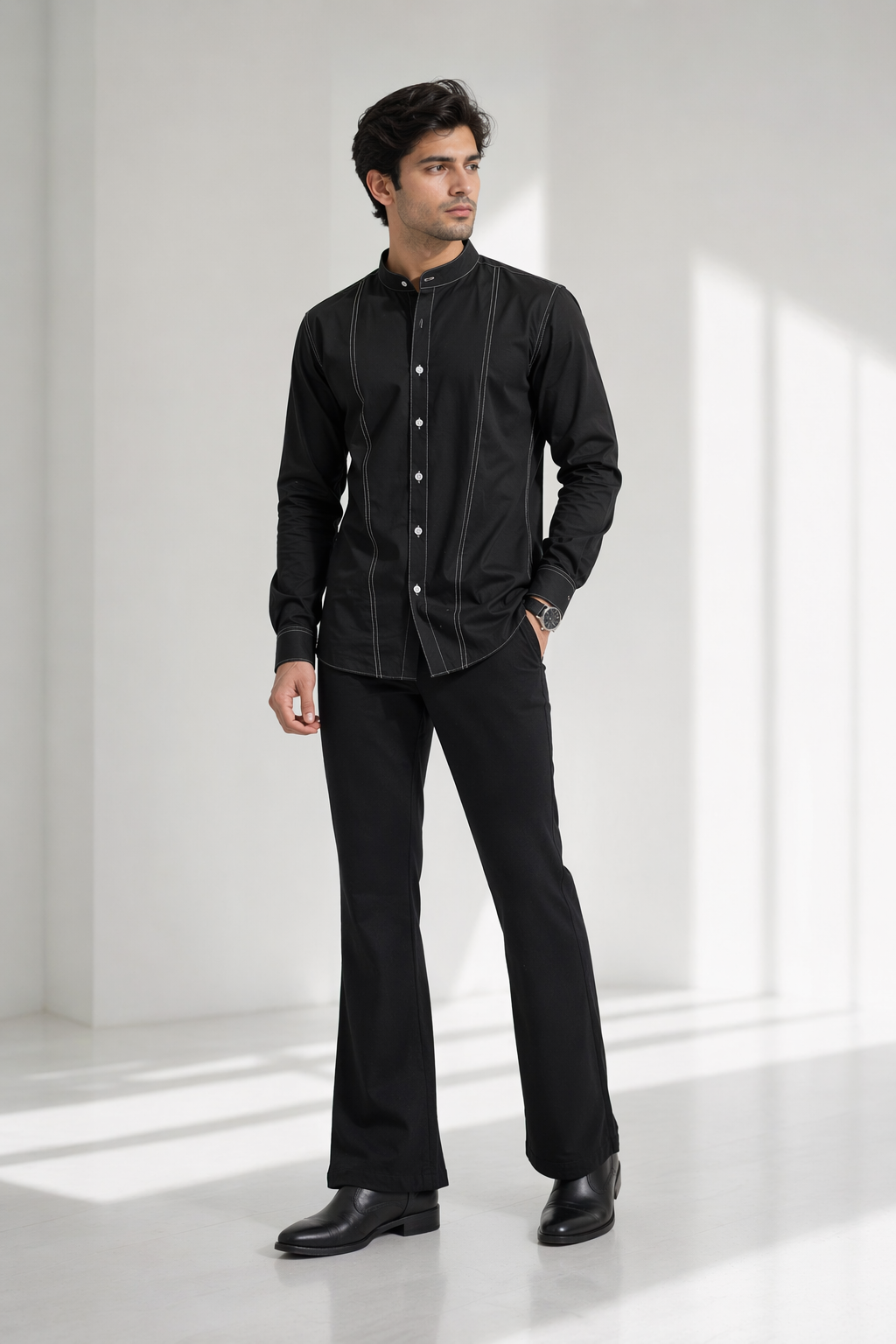 Men’s Black Cotton Lycra Mandarin Collar Shirt – Premium Stretch Fit Essential