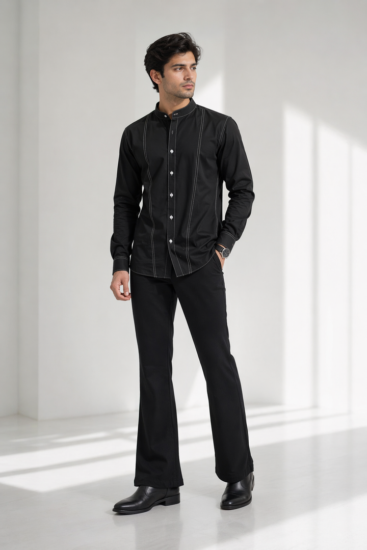 Men’s Black Cotton Lycra Mandarin Collar Shirt – Premium Stretch Fit Essential