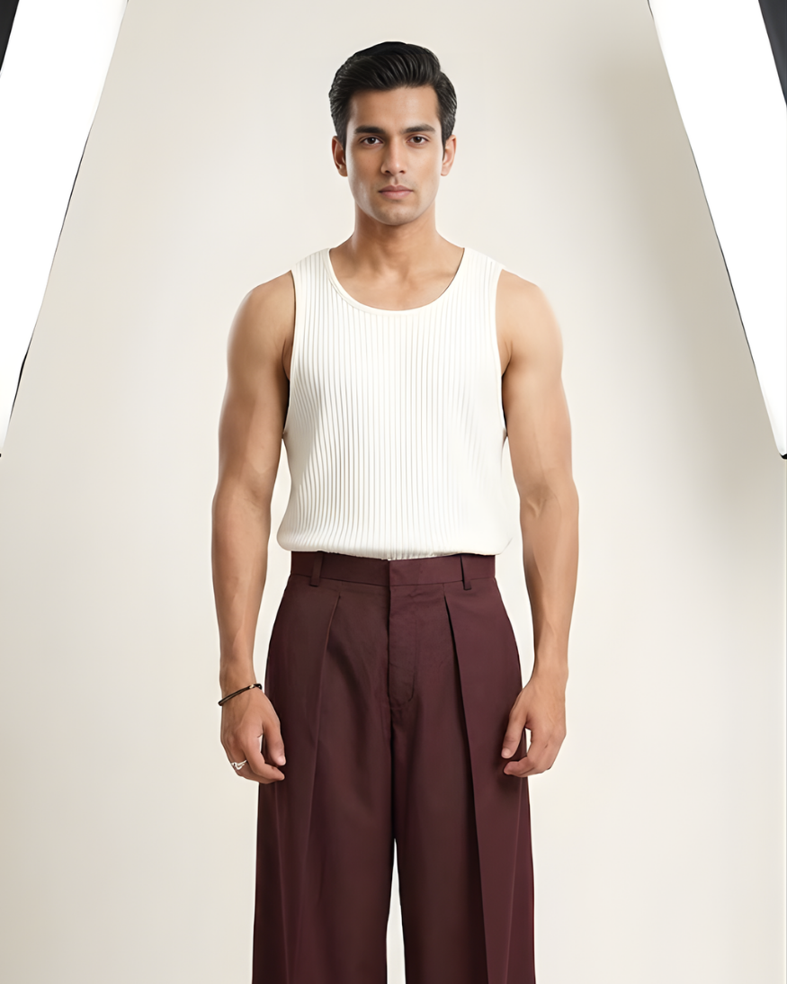 Korean-Style Loose Fit Pleated Wine Colour Pant