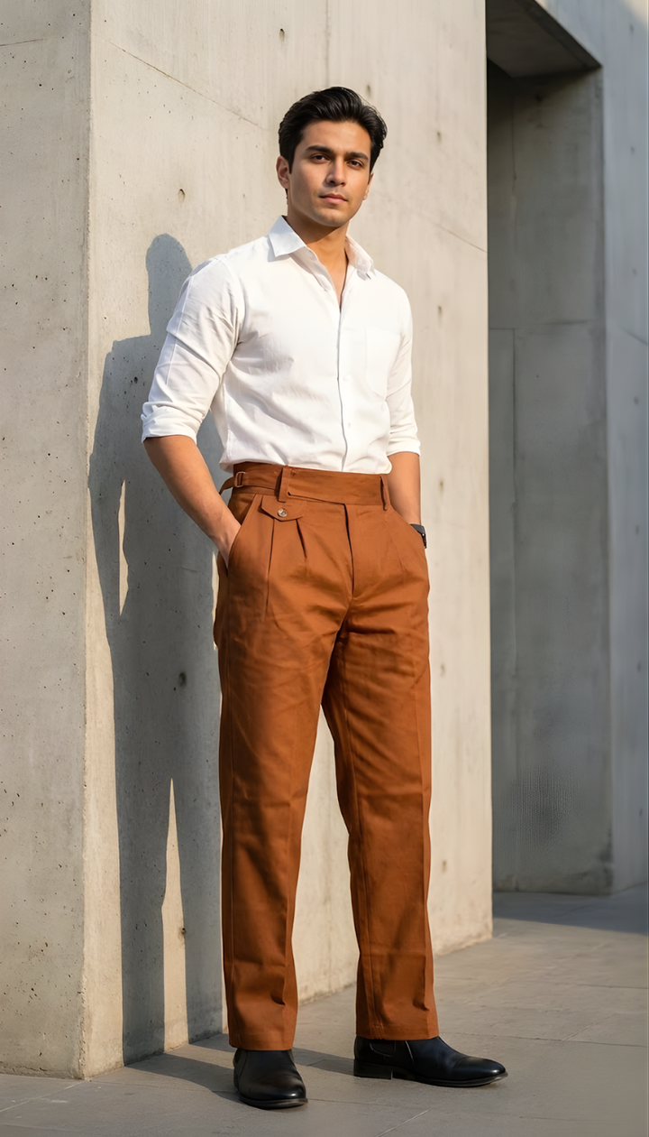 Men’s Rust Brown Gorkha Pants – 100% Cotton, Adjustable Belt, Premium Straight Fit