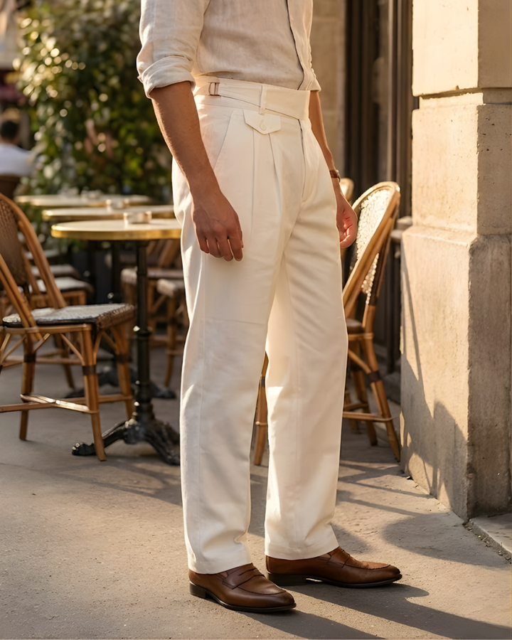 Men’s White Gorkha Pants – 100% Cotton Straight Fit with Adjustable Side Buckle