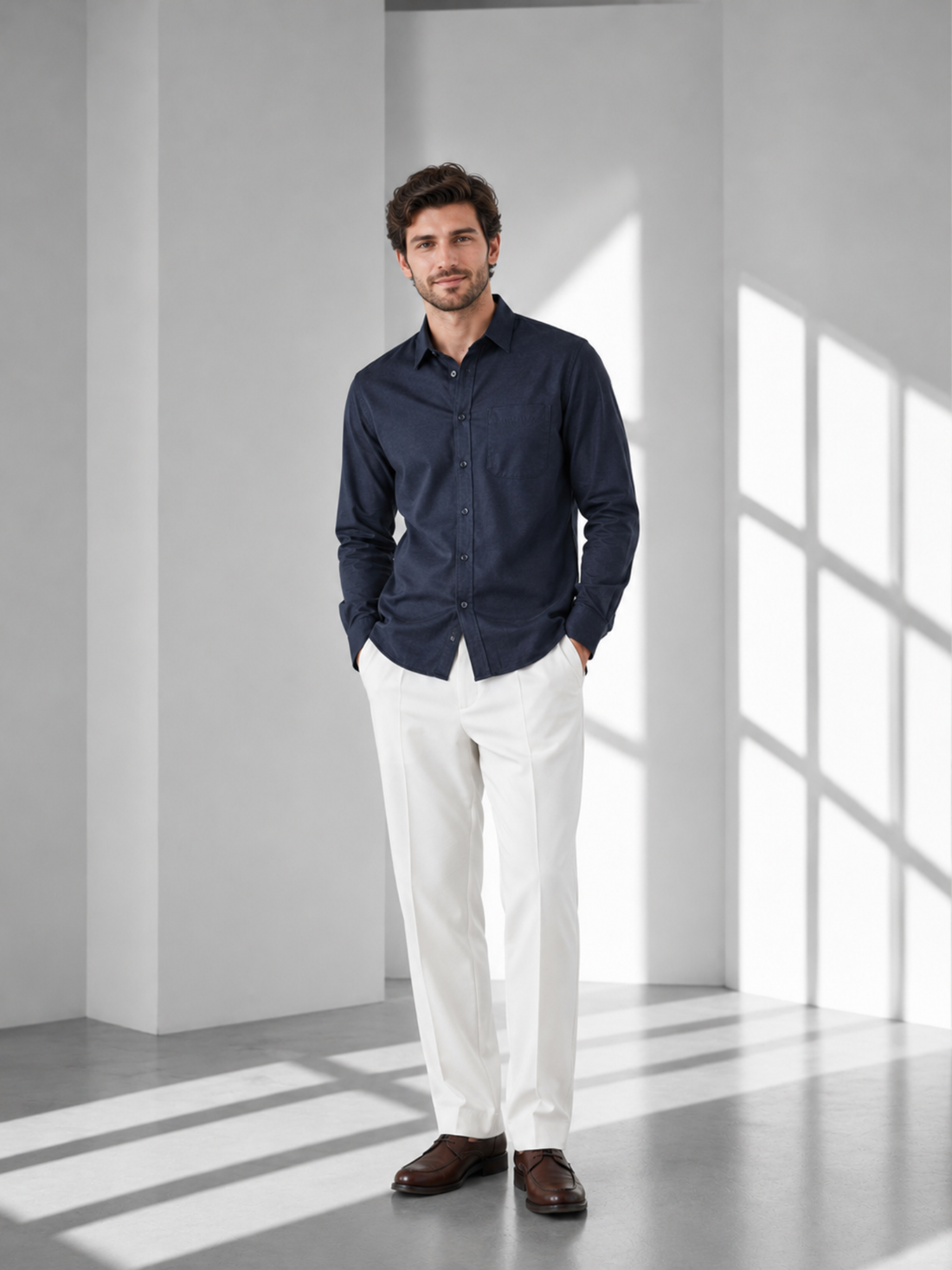 Men’s Navy Blue Linen Blend Plain Shirt– Premium Smart Casual Wear