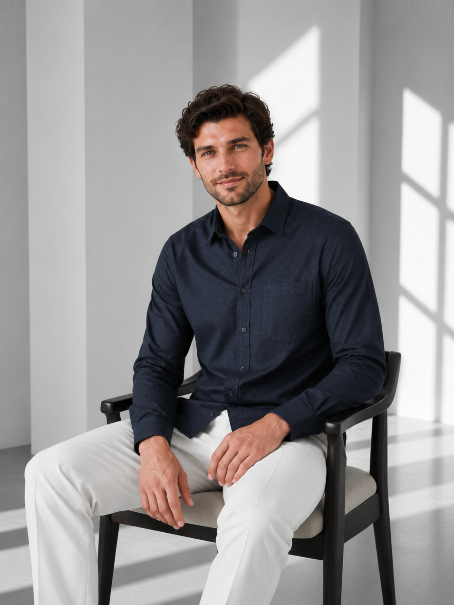 Men’s Navy Blue Linen Blend Plain Shirt– Premium Smart Casual Wear