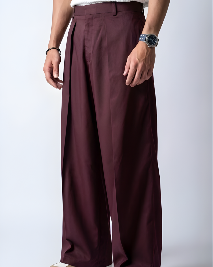 Korean-Style Loose Fit Pleated Wine Colour Pant