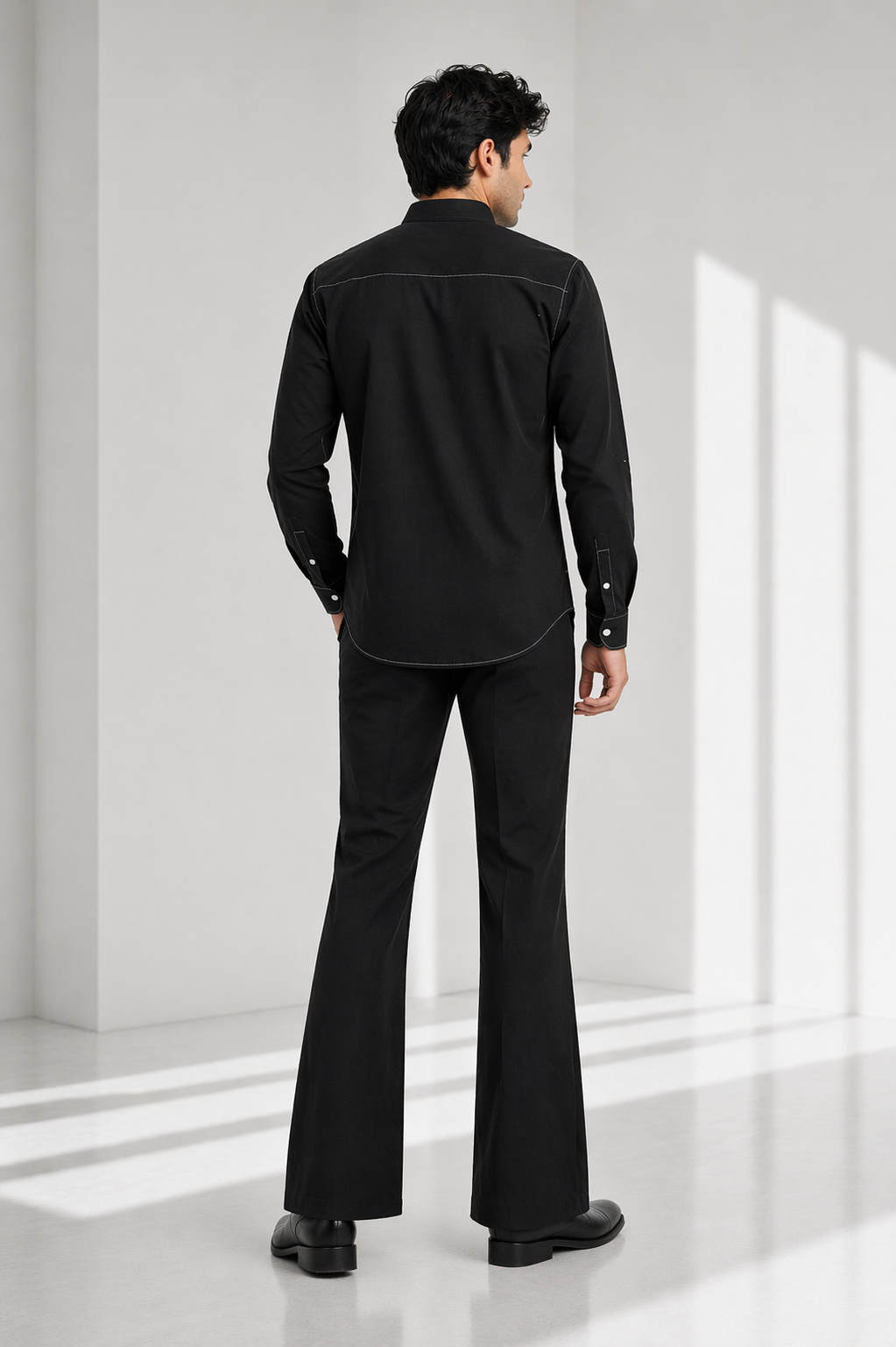 Men’s Black Cotton Lycra Mandarin Collar Shirt – Premium Stretch Fit Essential