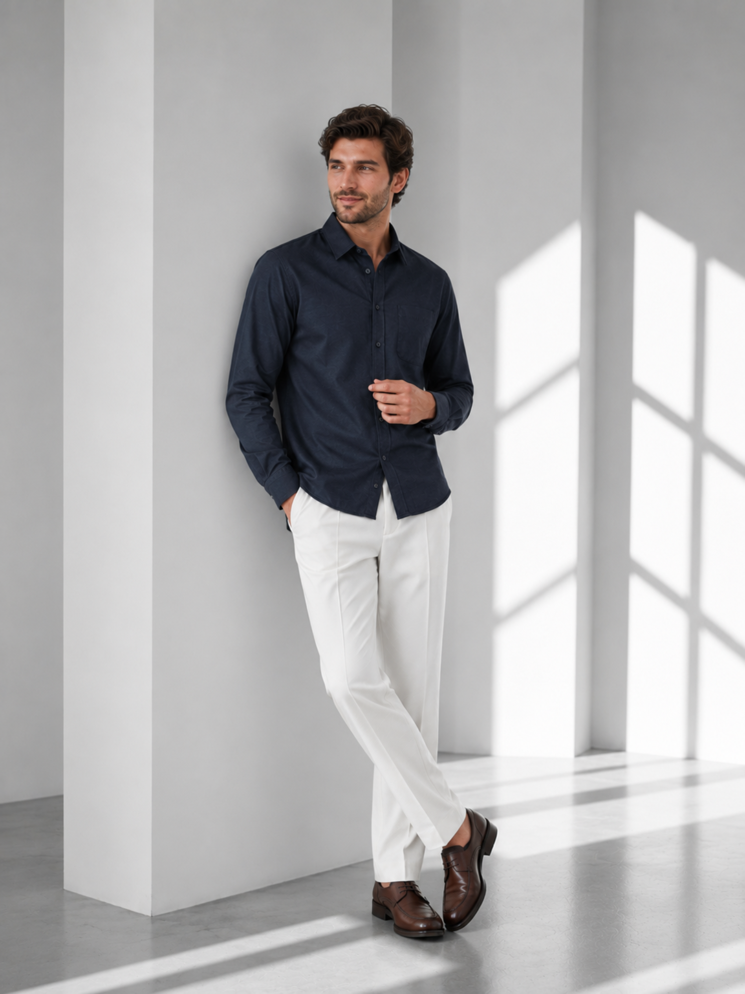 Men’s Navy Blue Linen Blend Plain Shirt– Premium Smart Casual Wear
