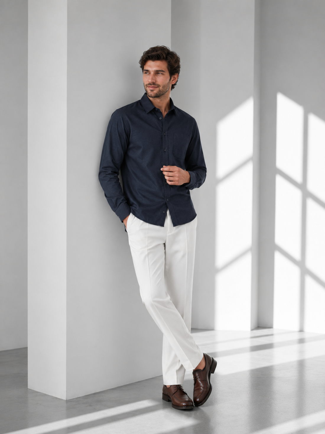 Men’s Navy Blue Linen Blend Plain Shirt– Premium Smart Casual Wear