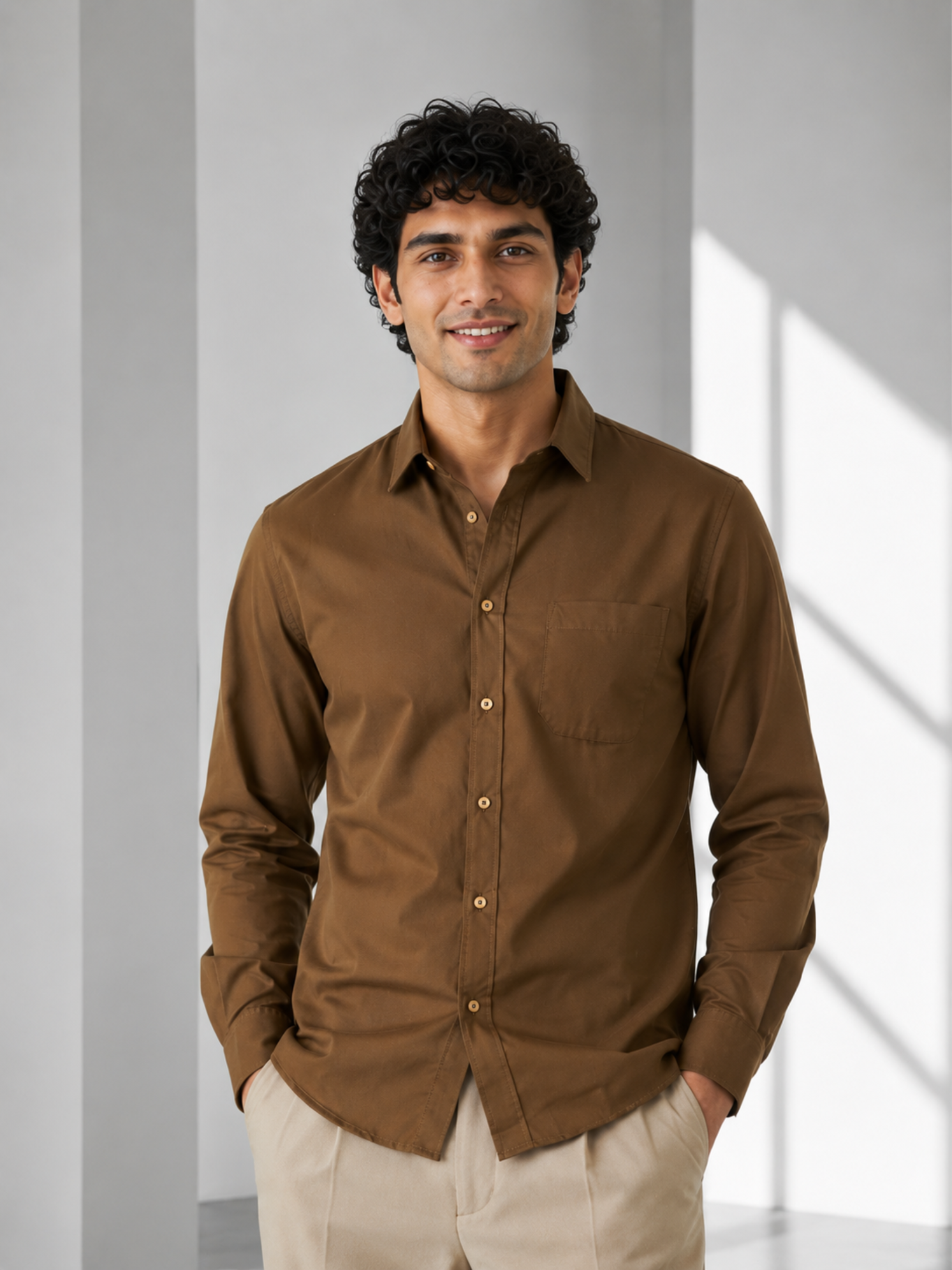 Men's Brown Poplin Cotton Shirt – Premium Smart Casual Wear