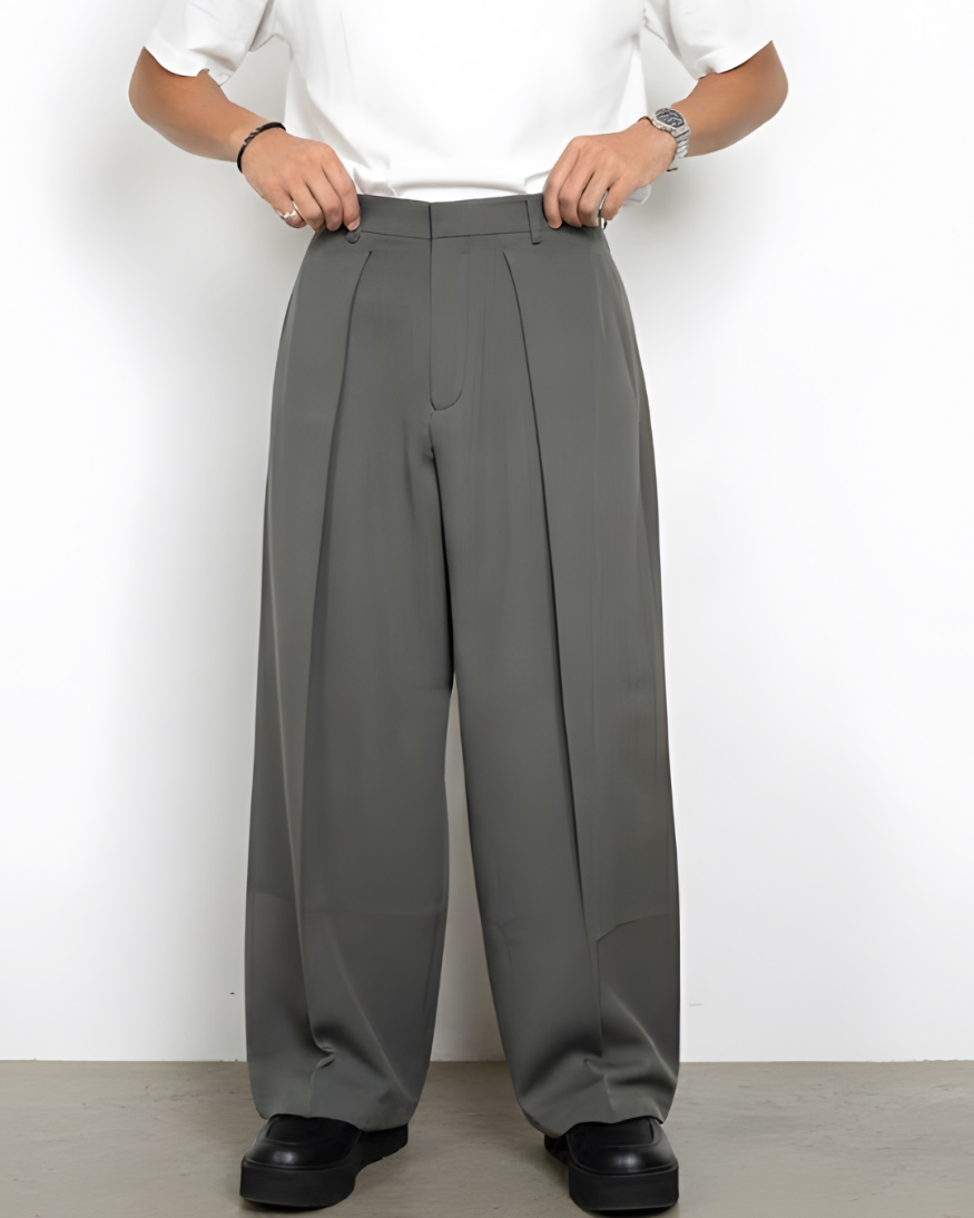 Korean-Style Loose Fit Pleated Grey Colour Pant