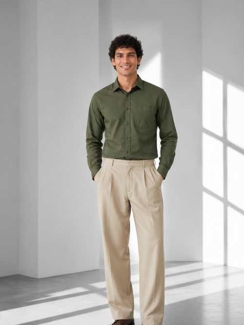Men's Olive Green Poplin Cotton Shirt – Premium Smart Casual Wear
