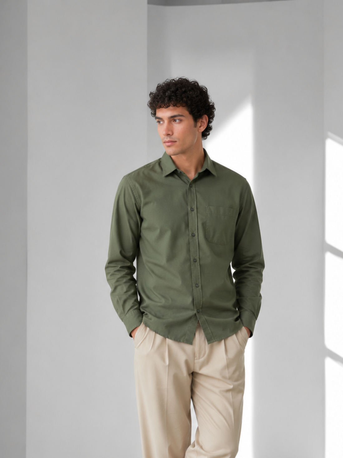 Men's Olive Green Poplin Cotton Shirt – Premium Smart Casual Wear