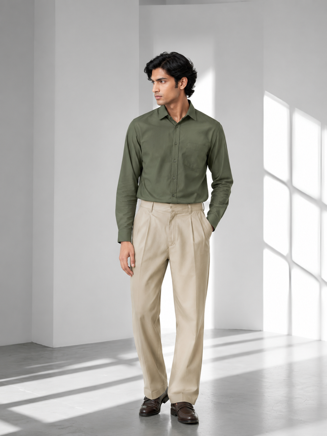 Men's Olive Green Poplin Cotton Shirt – Premium Smart Casual Wear