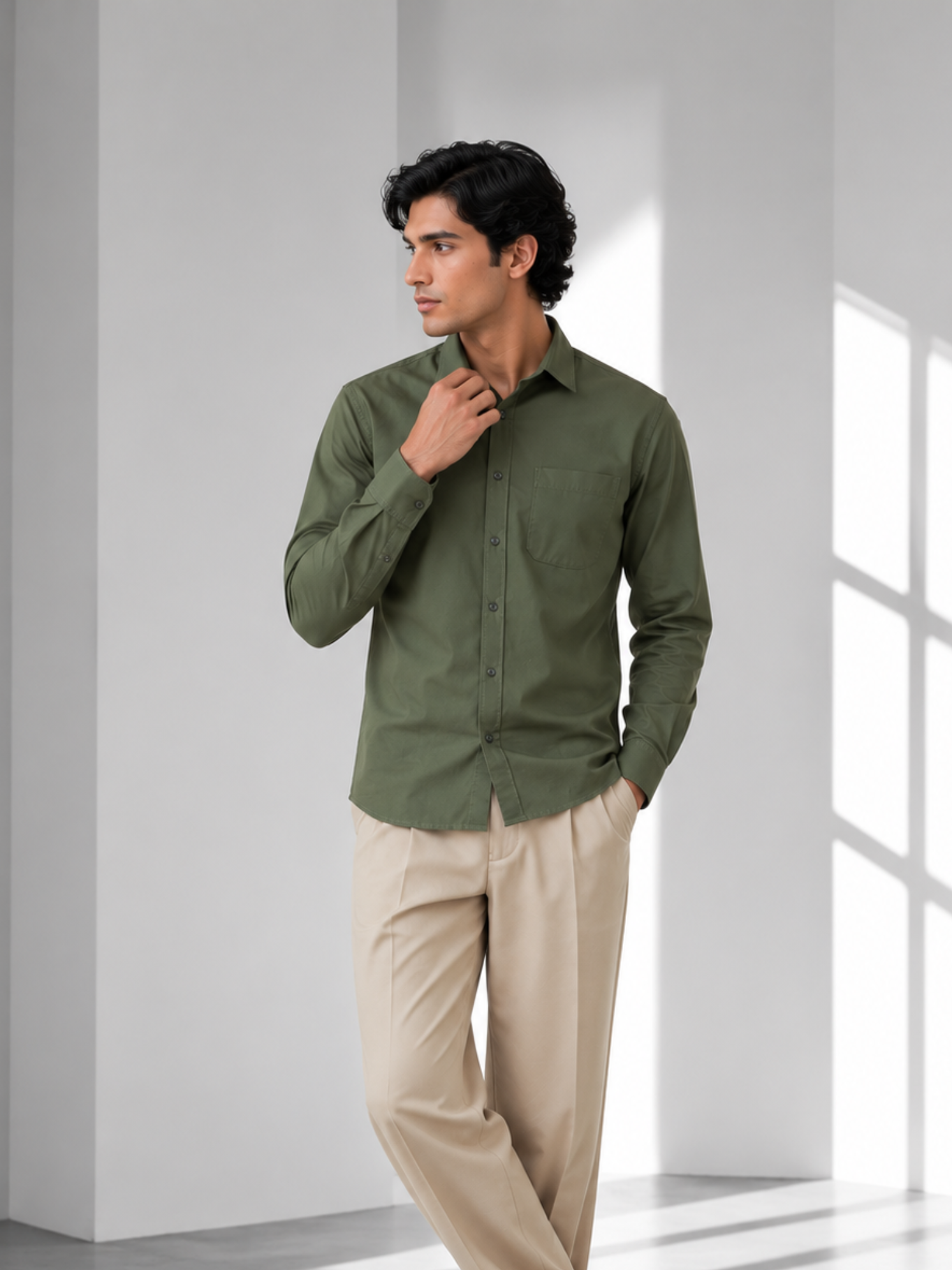 Men's Olive Green Poplin Cotton Shirt – Premium Smart Casual Wear