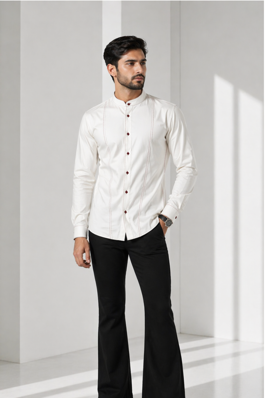 Men’s White Cotton Lycra Mandarin Collar Shirt – Premium Stretch Fit Essential