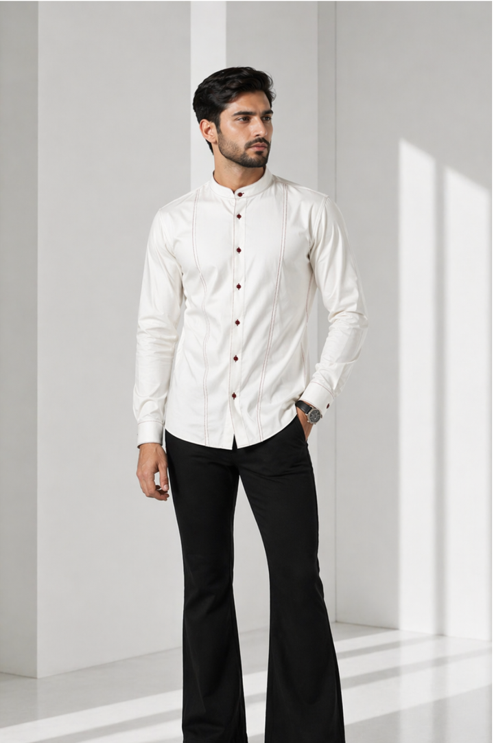 Men’s White Cotton Lycra Mandarin Collar Shirt – Premium Stretch Fit Essential