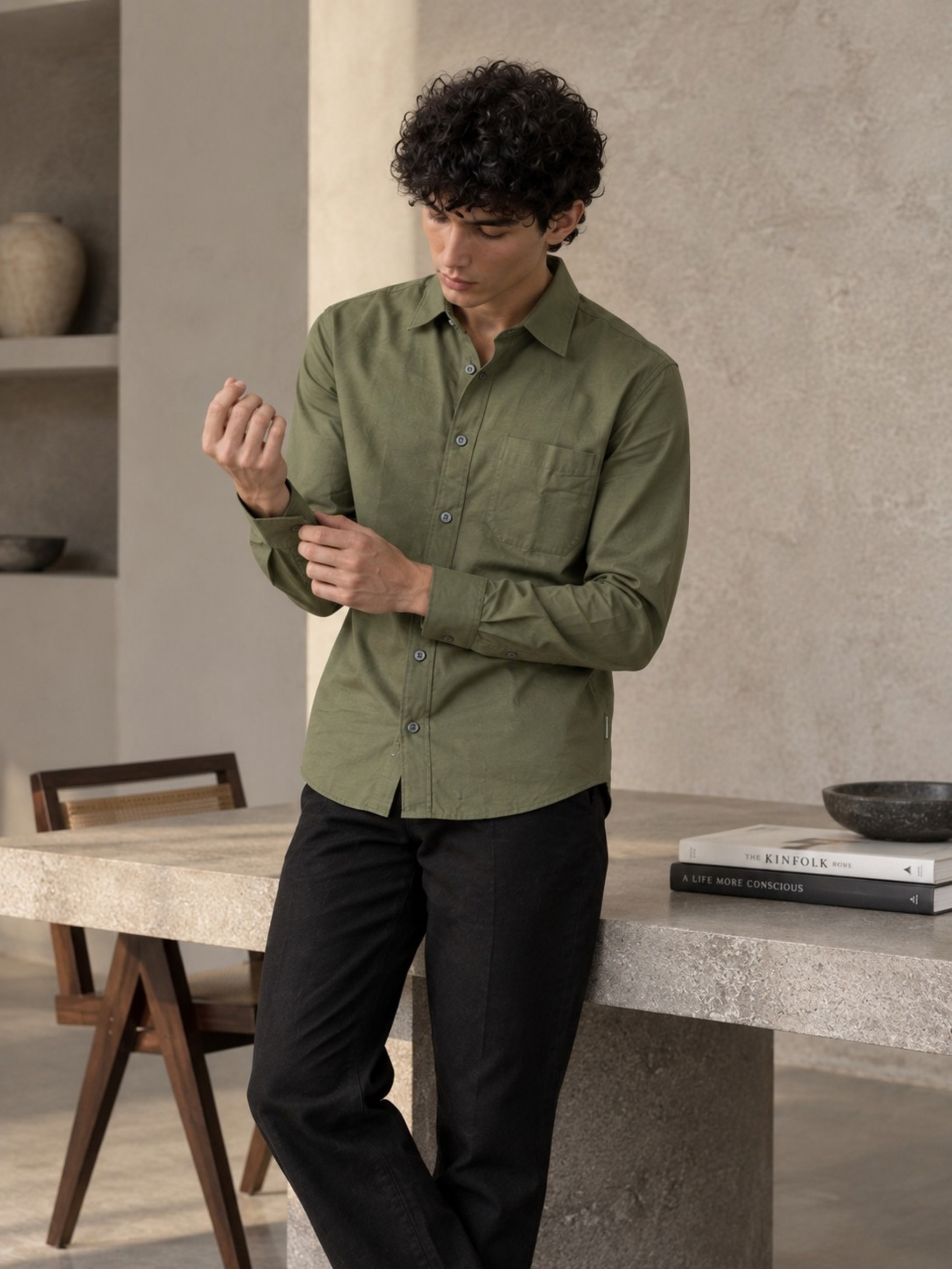 Olive Green Cotton Linen Shirt