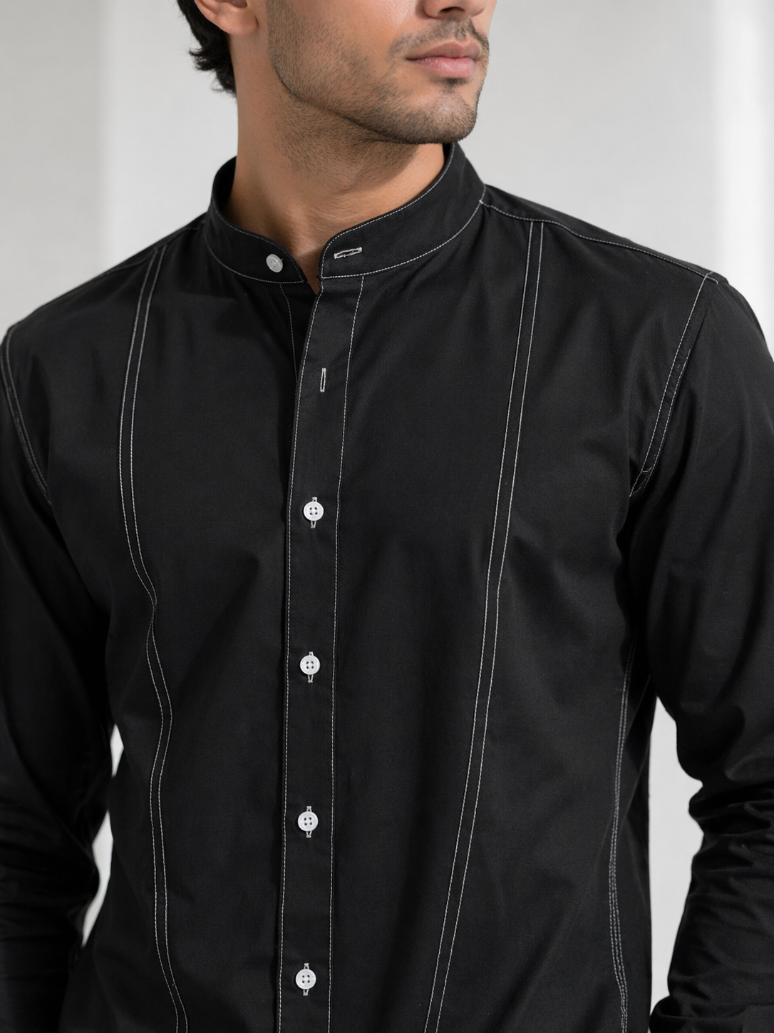 Men’s Black Cotton Lycra Mandarin Collar Shirt – Premium Stretch Fit Essential