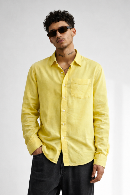 Men’s Lemon Yellow Linen Blend Shirt – Premium Smart Casual Essential
