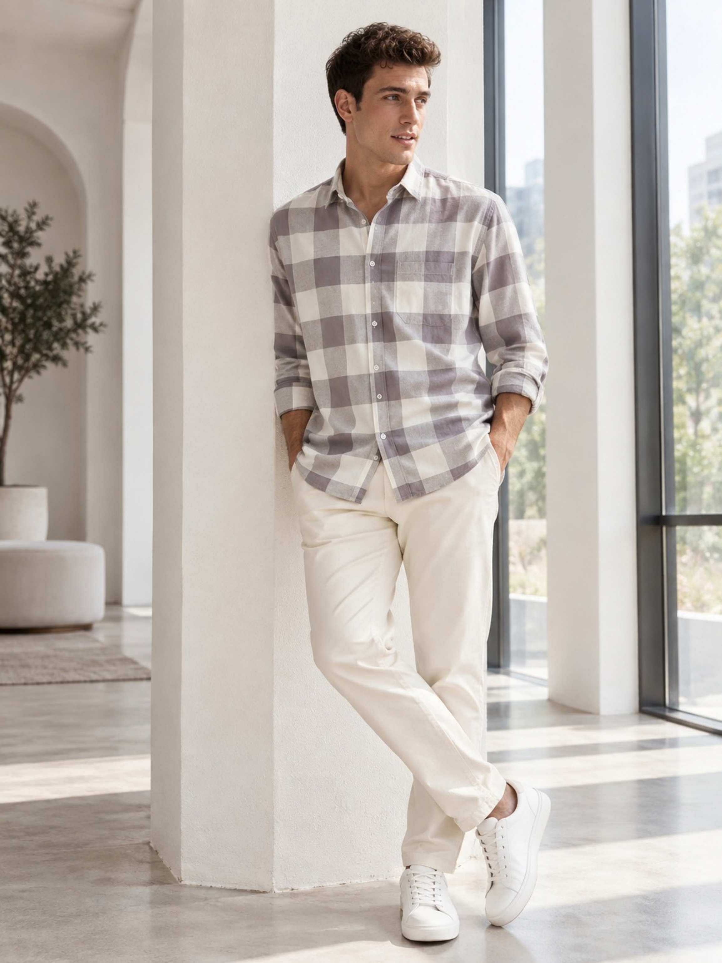 Grey & Lavender Checked Rayon Shirt