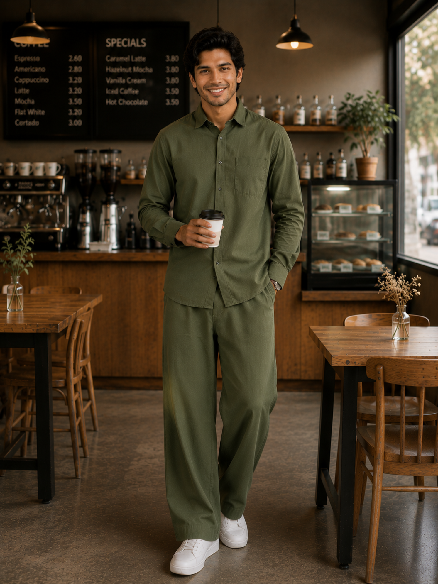 Men's Olive Green Poplin Cotton Co-ord Set – Premium Smart Casual Wear