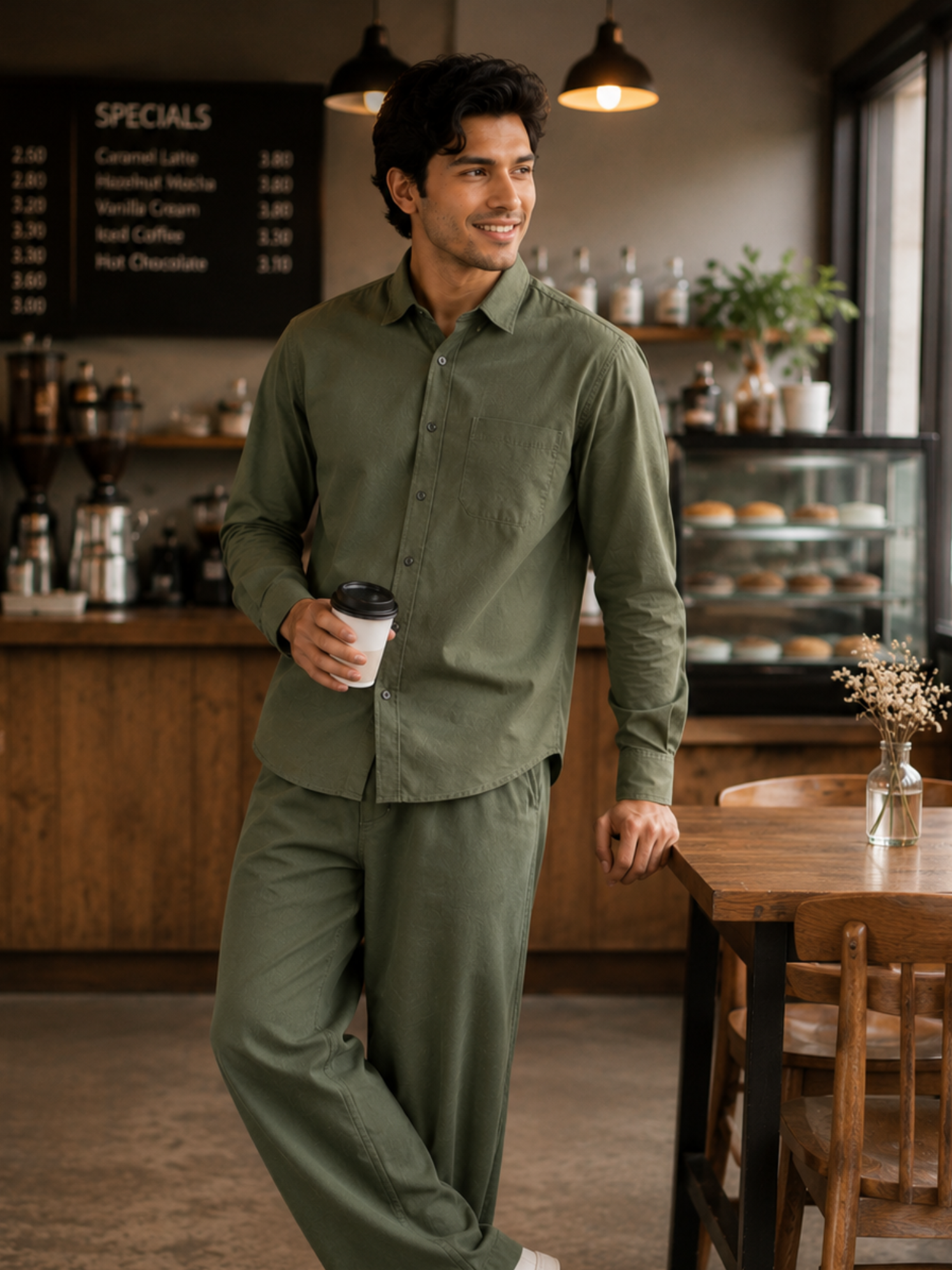 Men's Olive Green Poplin Cotton Co-ord Set – Premium Smart Casual Wear