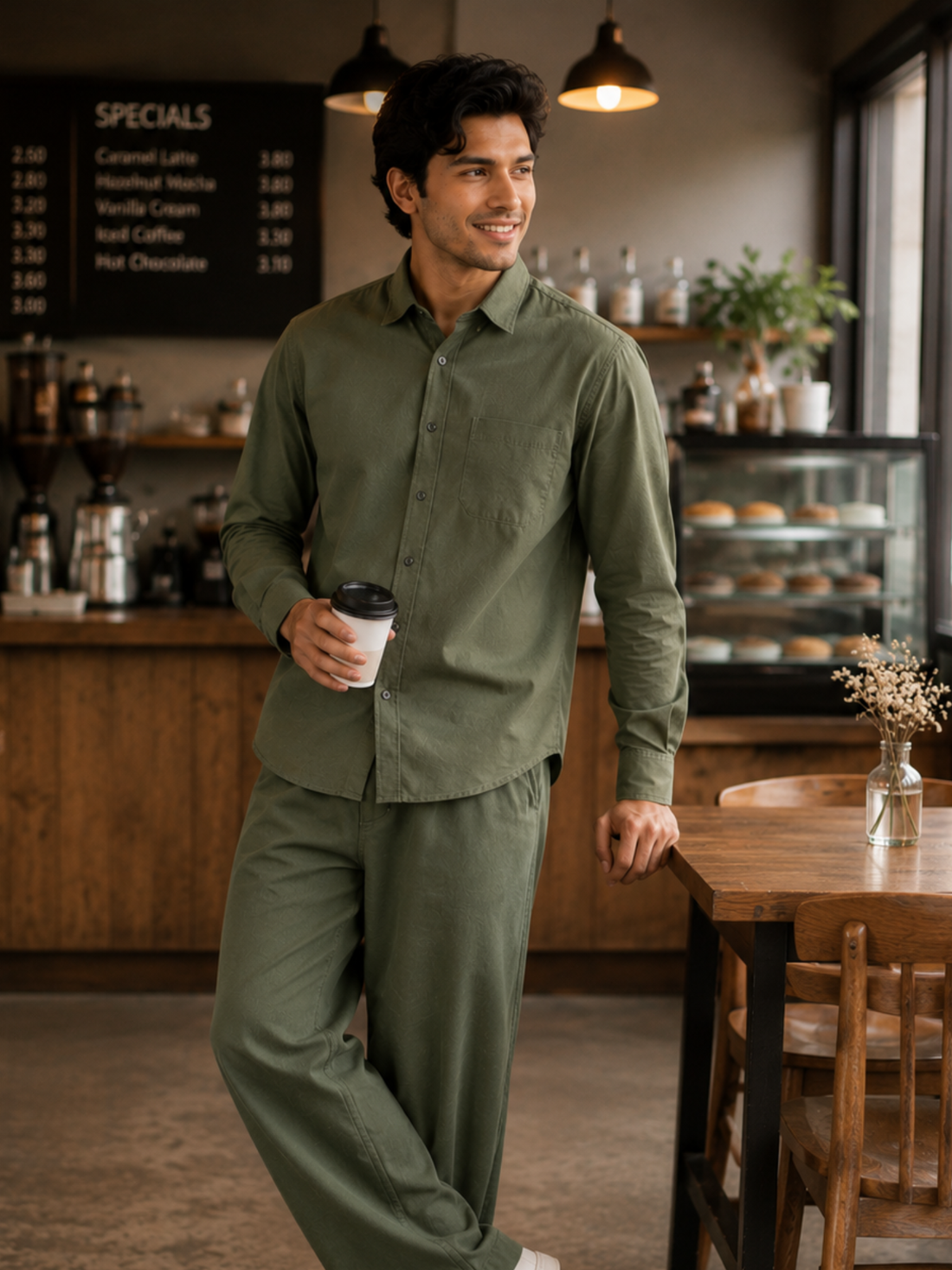 Men's Olive Green Poplin Cotton Co-ord Set – Premium Smart Casual Wear