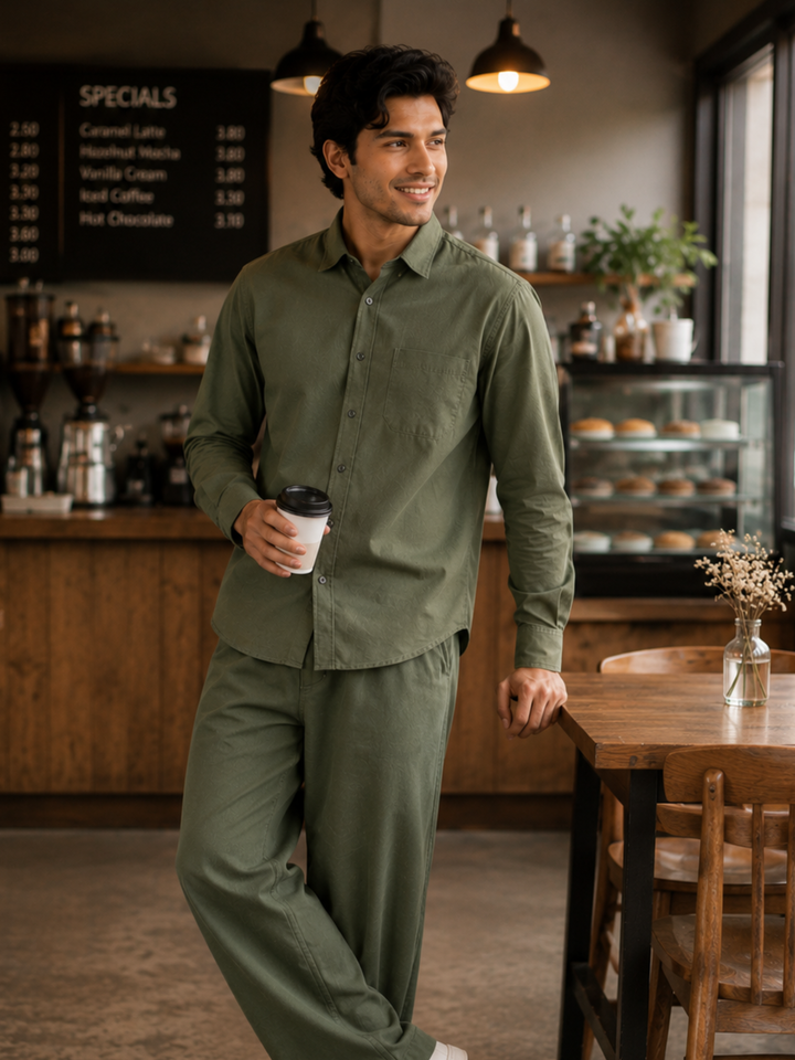 Men's Olive Green Poplin Cotton Co-ord Set – Premium Smart Casual Wear