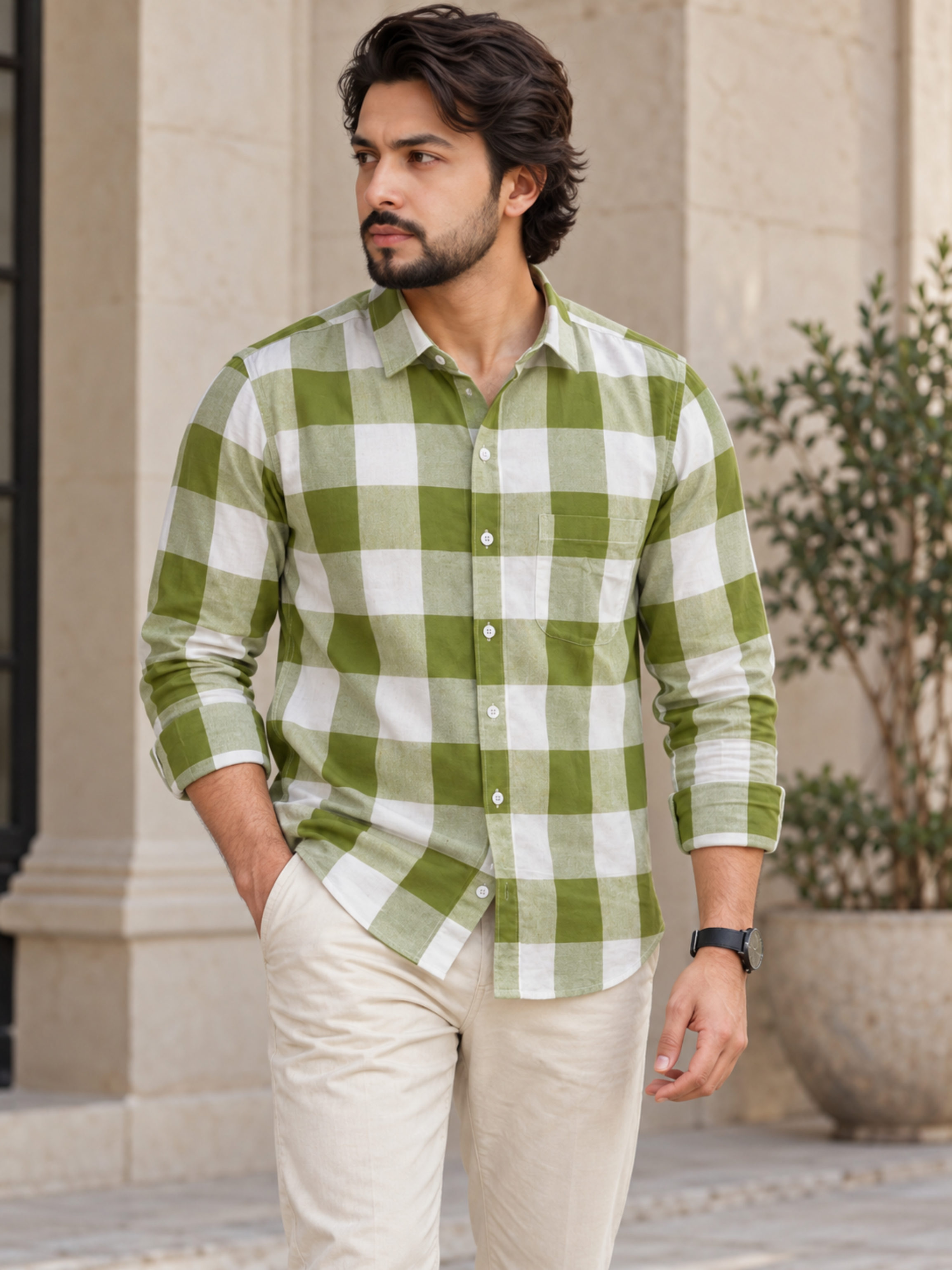 Olive Green Checked Rayon Shirt