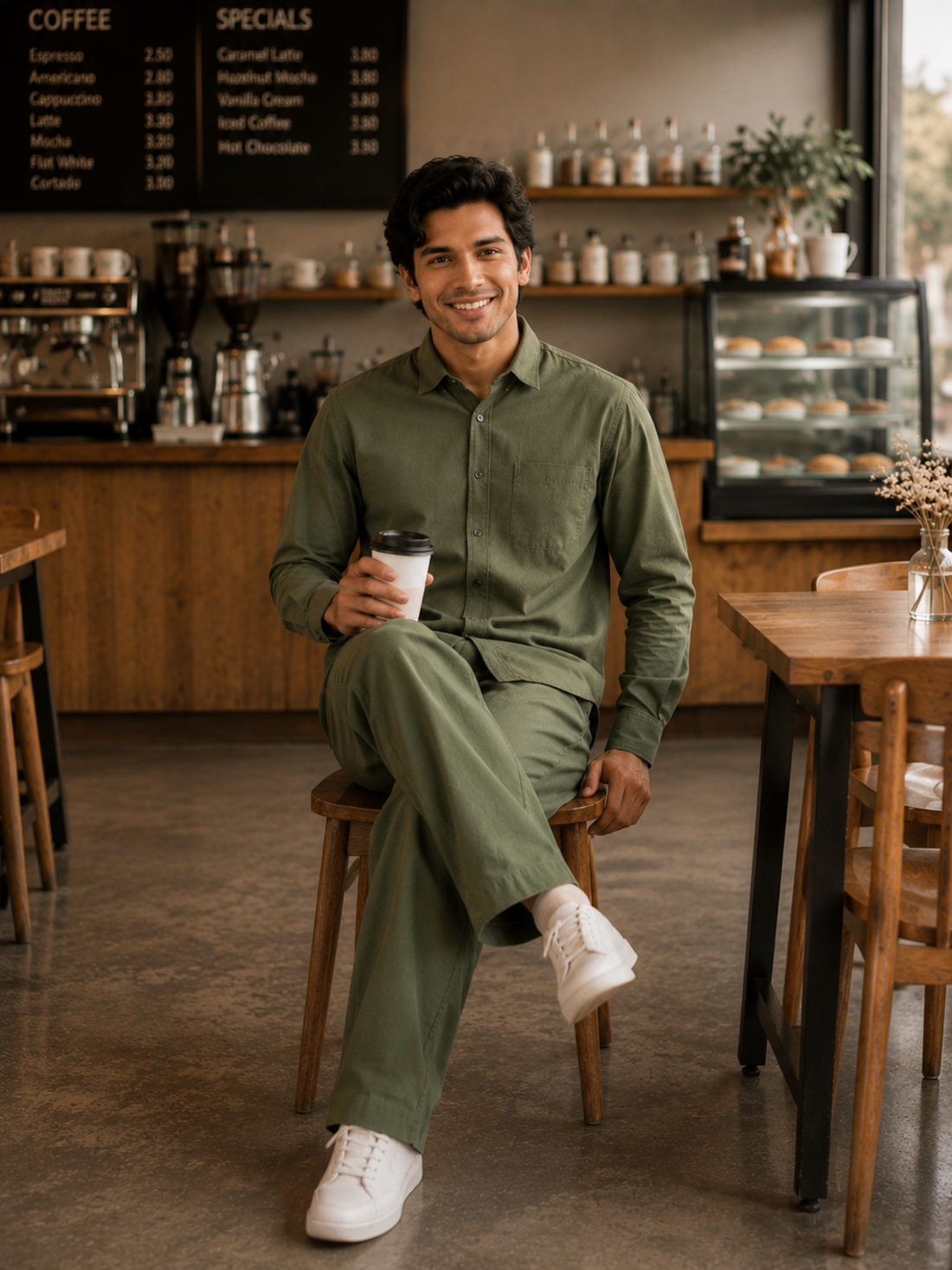 Men's Olive Green Poplin Cotton Co-ord Set – Premium Smart Casual Wear
