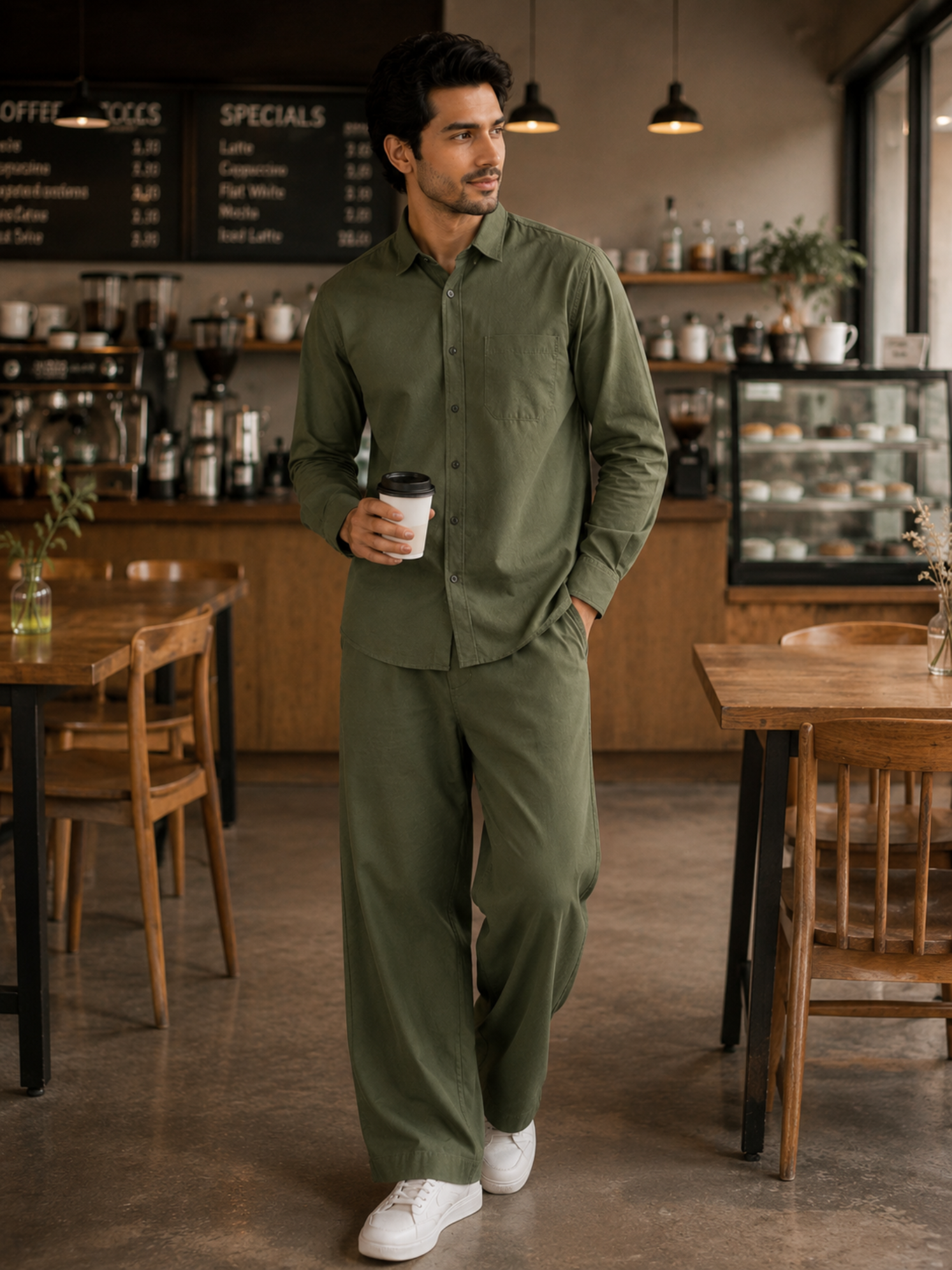 Men's Olive Green Poplin Cotton Co-ord Set – Premium Smart Casual Wear