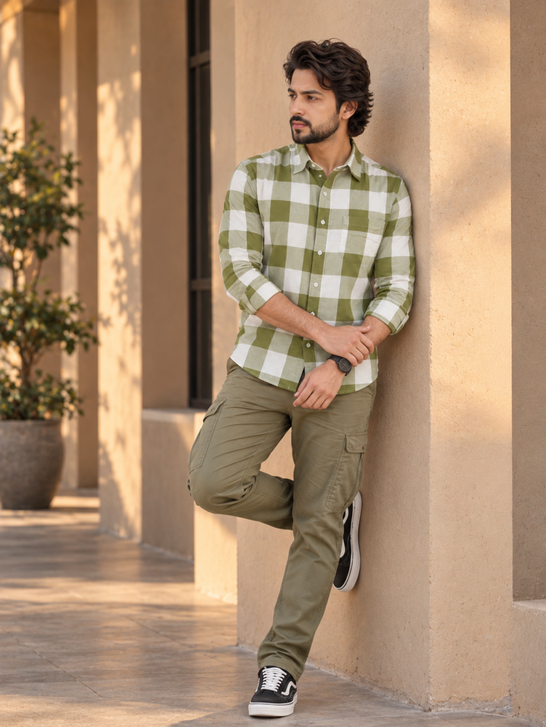 Olive Green Checked Rayon Shirt